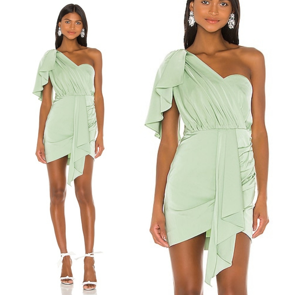 NBD Veroni Mini Dress Mint Green Satin Asymmetrical Hem Drape One Shoulder XXS - Picture 1 of 8